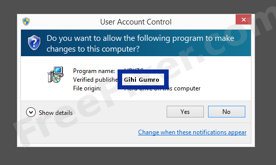 Screenshot where Gihi Gumro appears as the verified publisher in the UAC dialog